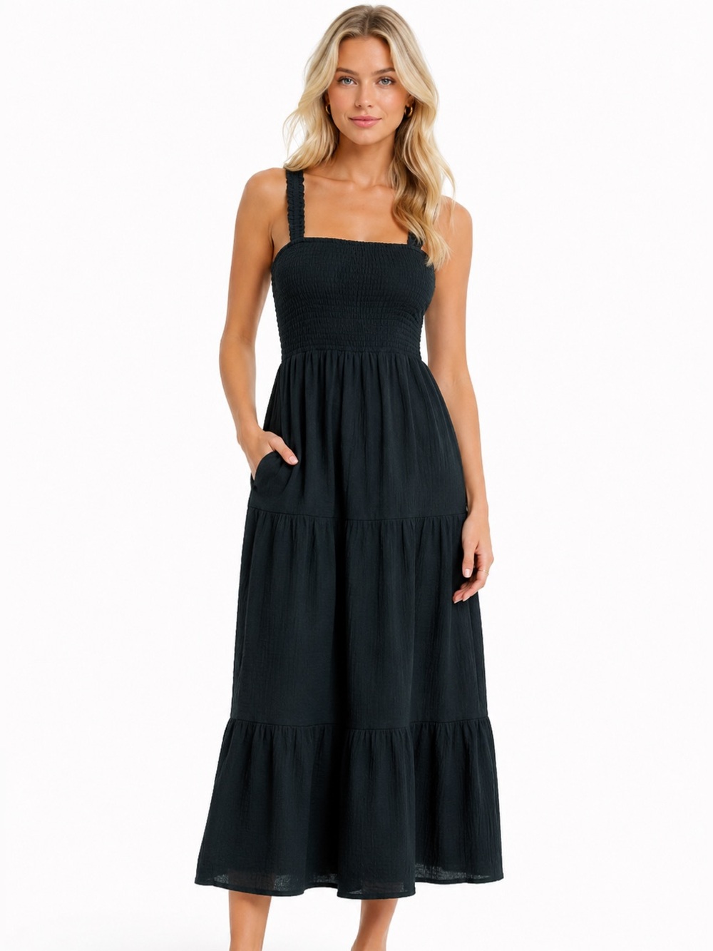 Marine Layer Selene Black Smocked Tiered Cotton Maxi Dress XL